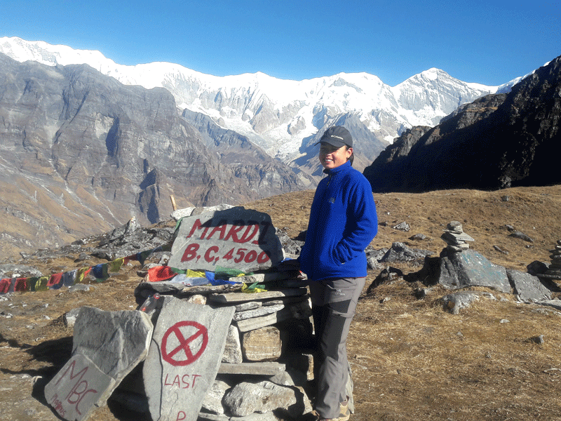 Mardi Himal Base Camp view and beautiful girl 