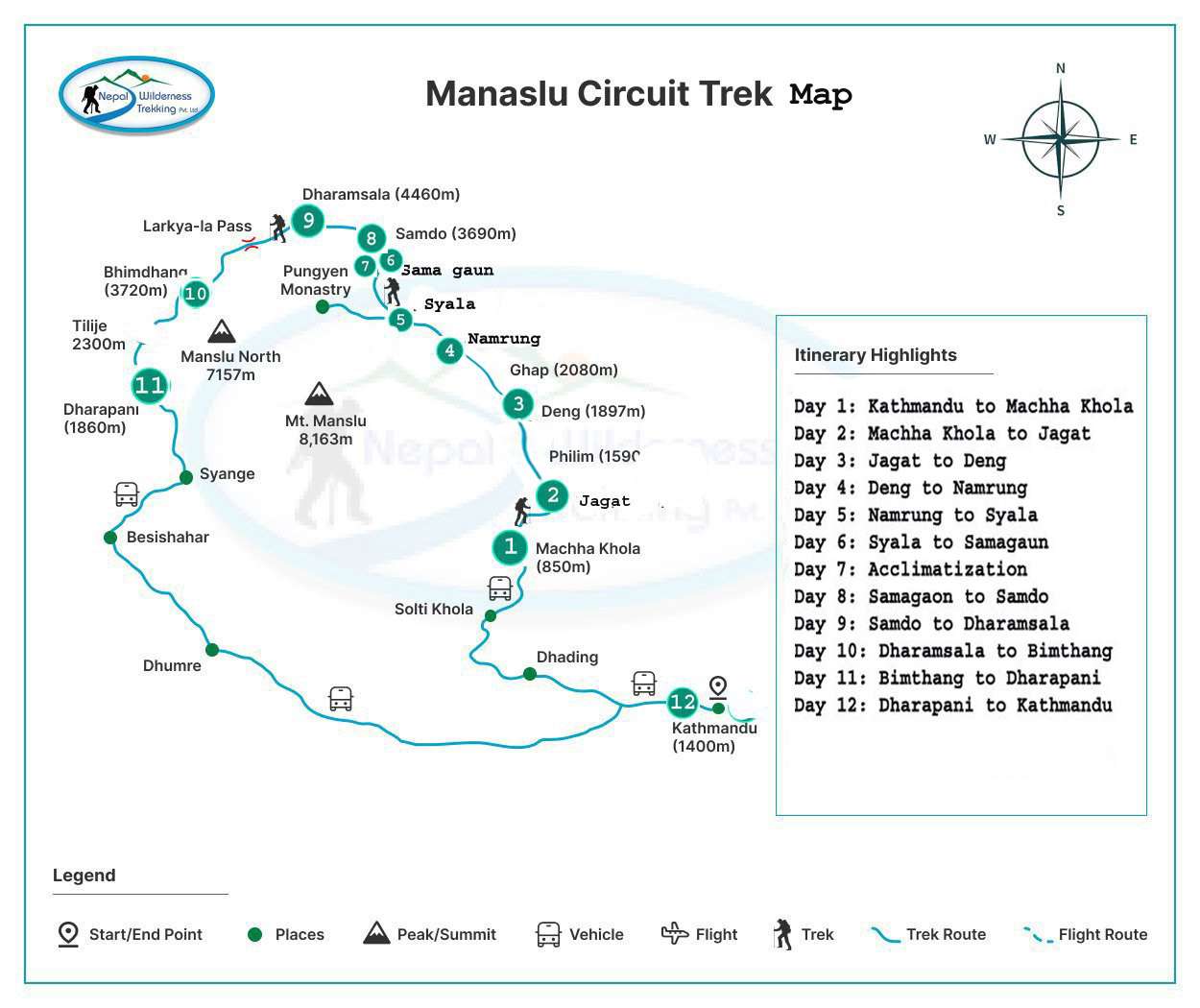 Manaslu circuit trek route map