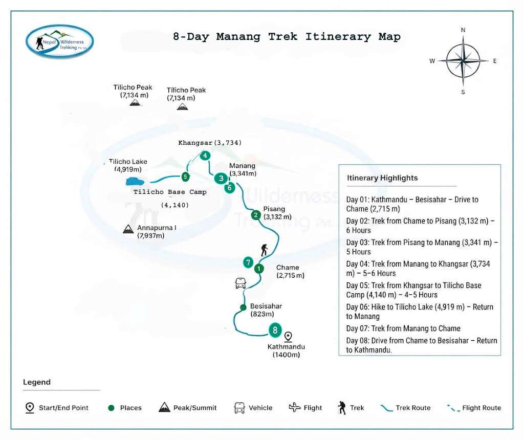 Manang trek itinerary route map