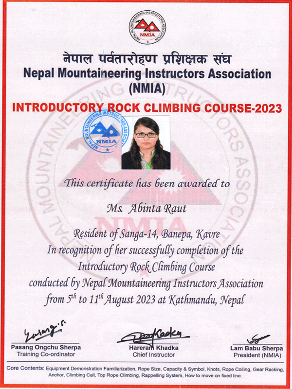 Rock climbing certificate 