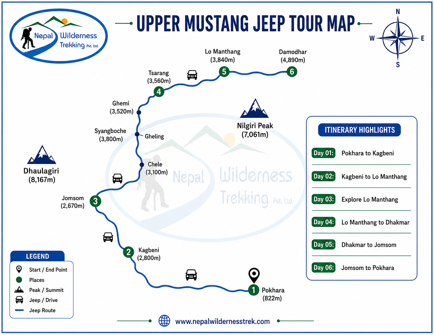 Upper Mustang Jeep Tour route map