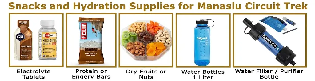 Snacks and hydration supplies for Manaslu Circuit trek